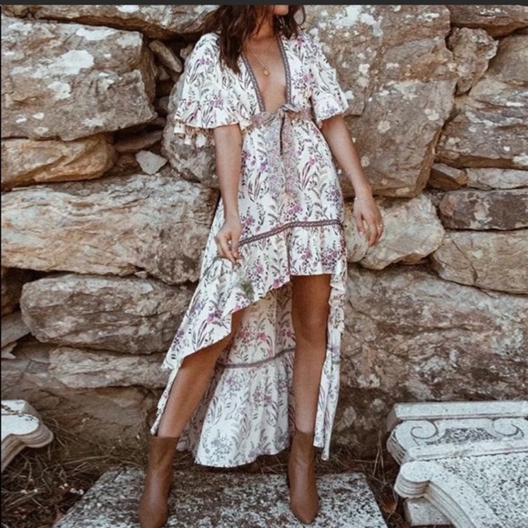 (Last 1)Boho cream floral print ruffle cutout dres - Picture 5 of 9